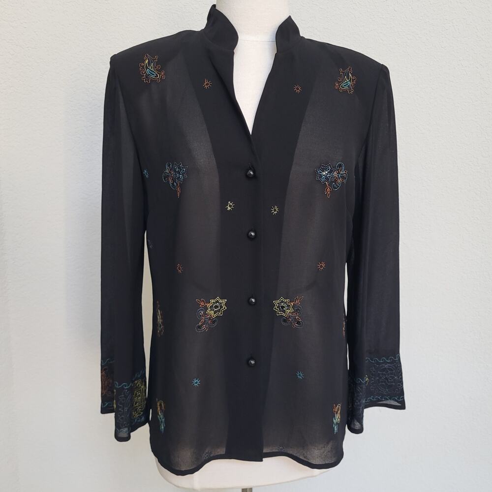 Black Sheer Blouse Shirt Studio I Petite Womens 10P Embroidered Party Dressy